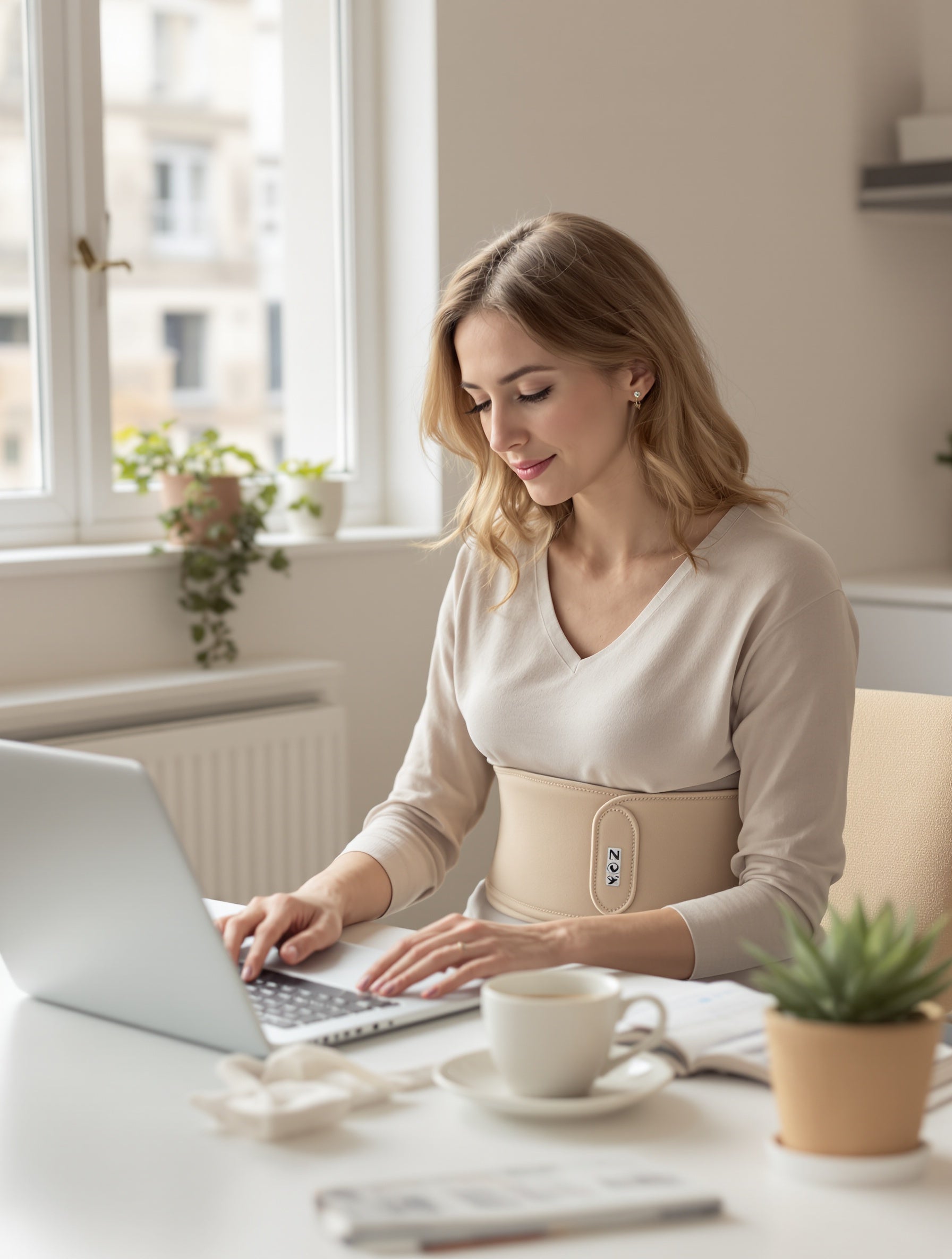 Jeune femme au bureau portant la ceinture chauffante Wellvéa, sans douleur, libre de travailler