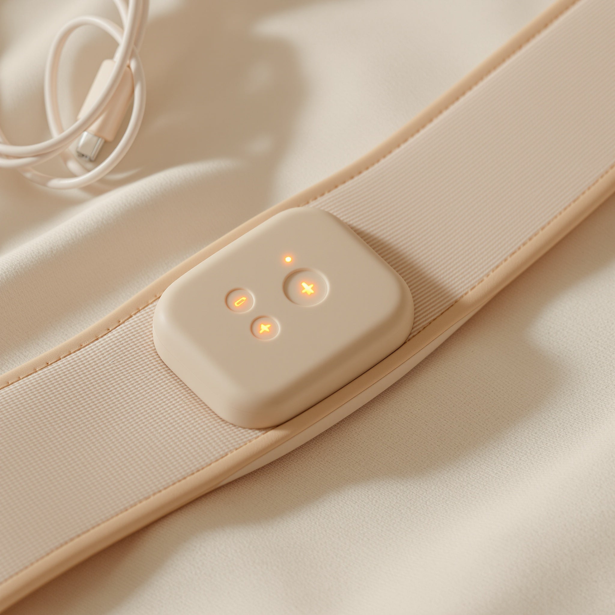Détail du panneau de contrôle avec 3 niveaux de chaleur et câble USB-C, ceinture Wellvéa