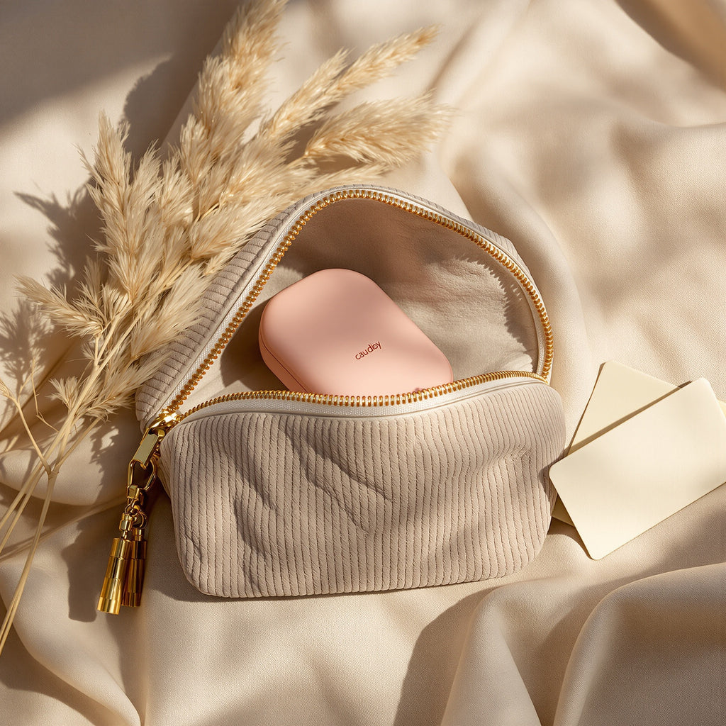 Trousse velours côtelé beige Wellvéa avec la ceinture chauffante rose à l'intérieur, cadeau offert
